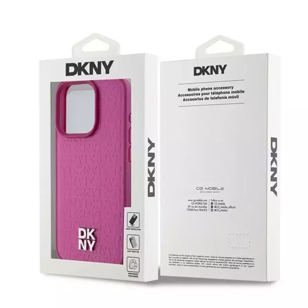 DKNY Leather Monogram Pattern Metal Logo MagSafe Case for iPhone 15 Pro - Pink 14
