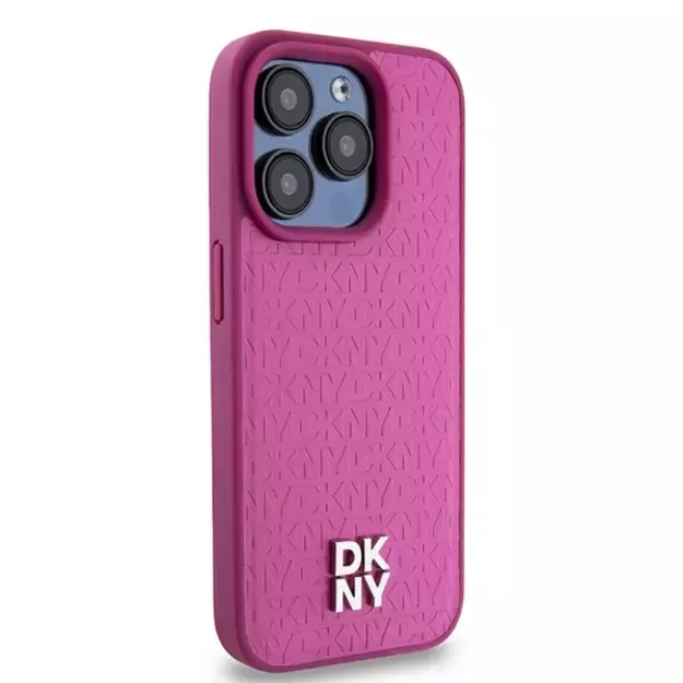 DKNY Leather Monogram Pattern Metal Logo MagSafe Case for iPhone 15 Pro - Pink 10