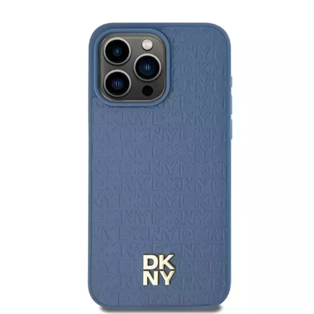 DKNY Leather Monogram Pattern Metal Logo MagSafe Case for iPhone 15 Pro Max - Blue 2