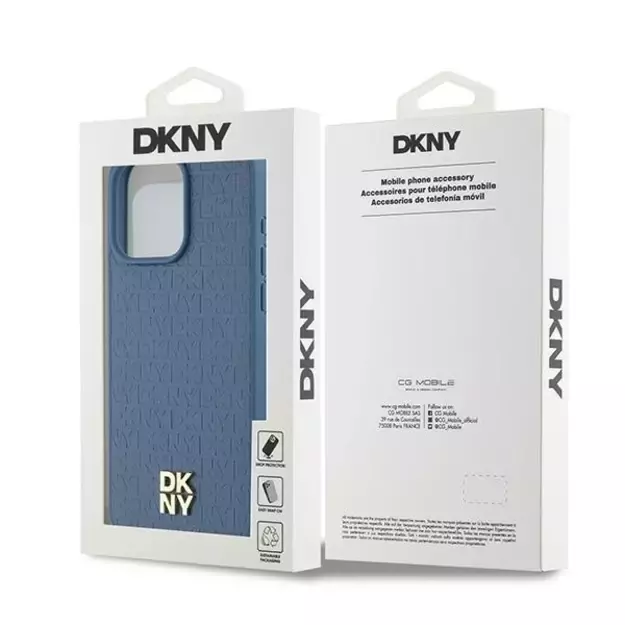 DKNY Leather Monogram Pattern Metal Logo MagSafe Case for iPhone 15 Pro Max - Blue 7