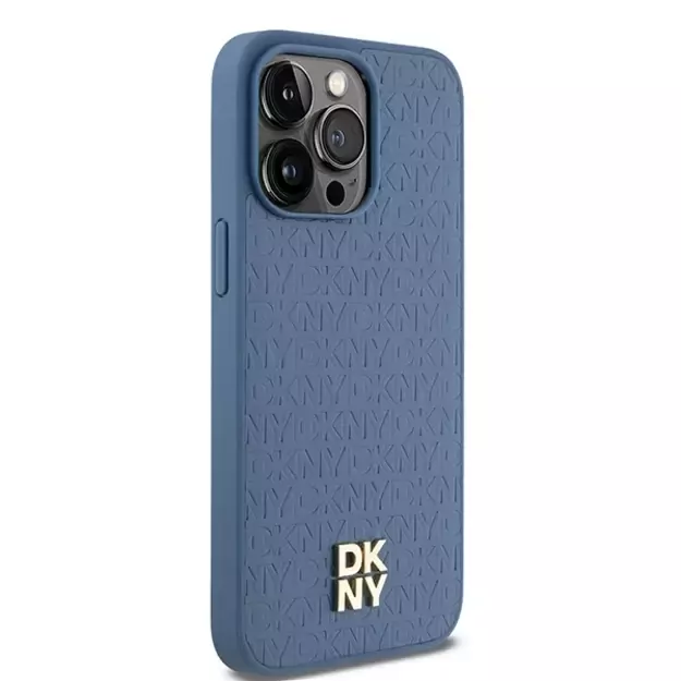 DKNY Leather Monogram Pattern Metal Logo MagSafe Case for iPhone 15 Pro Max - Blue 3