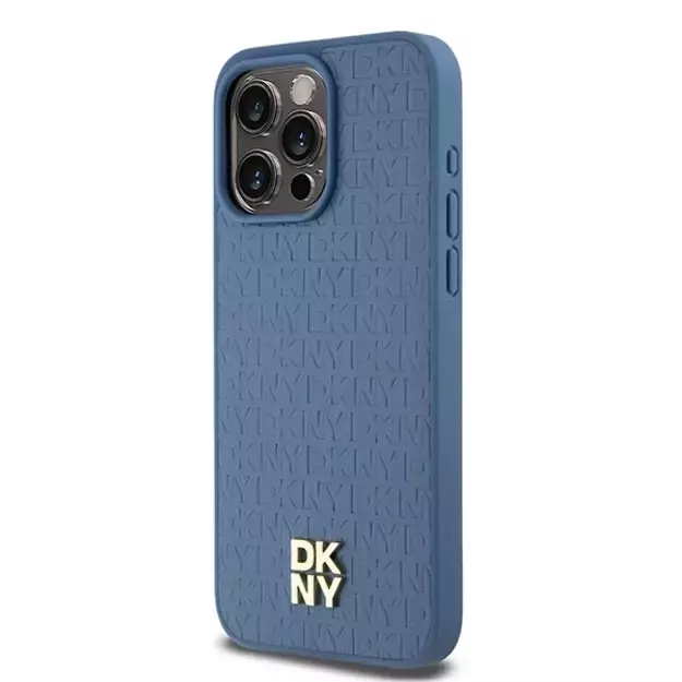 DKNY Leather Monogram Pattern Metal Logo MagSafe Case for iPhone 15 Pro Max - Blue 1