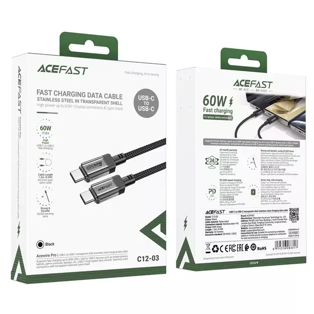 Acefast C12 USB-C / USB-C PD cable 60W 480Mb/with nylon braid - black 12