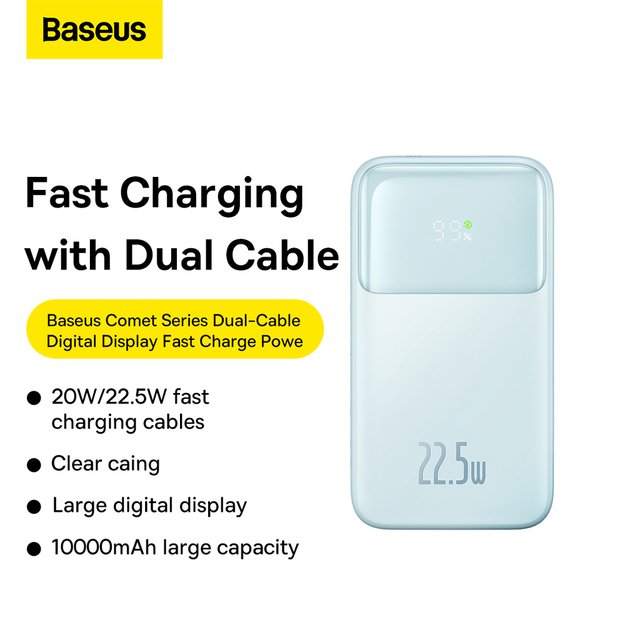 Baseus Comet Series powerbank with display 10000mAh 22.5W - blue + USB-A - USB-C cable 0.3m - white 12