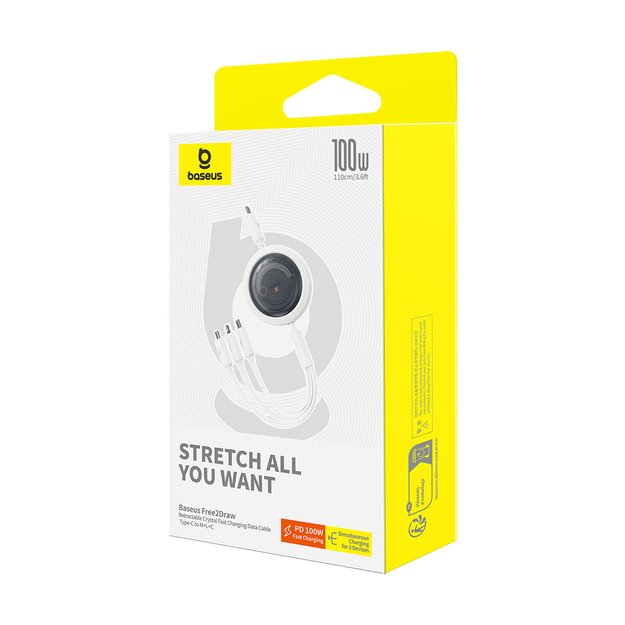 Baseus Free2Draw CB000084 retractable USB-C - Lightning / USB-C / micro USB cable 100W 1.1m - white 6