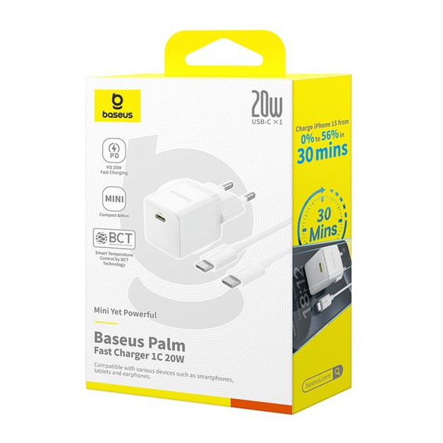 Baseus Palm 1C 20W Wall Charger (with Baseus Mini White USB-C 60W (20V/3A) 1m Cable) - White 8