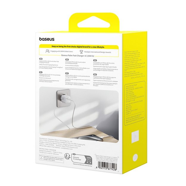 Baseus Palm 1C 20W Wall Charger (with Baseus Mini White USB-C 60W (20V/3A) 1m Cable) - White 9