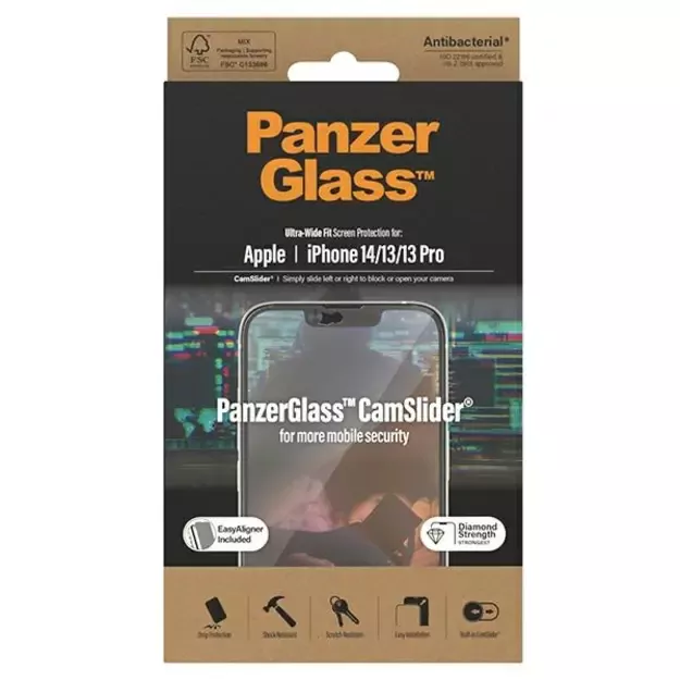 PanzerGlass Ultra-Wide Fit Antibacterial Tempered Glass with Camera Cover and Positioner for iPhone 14/13/13 Pro 2