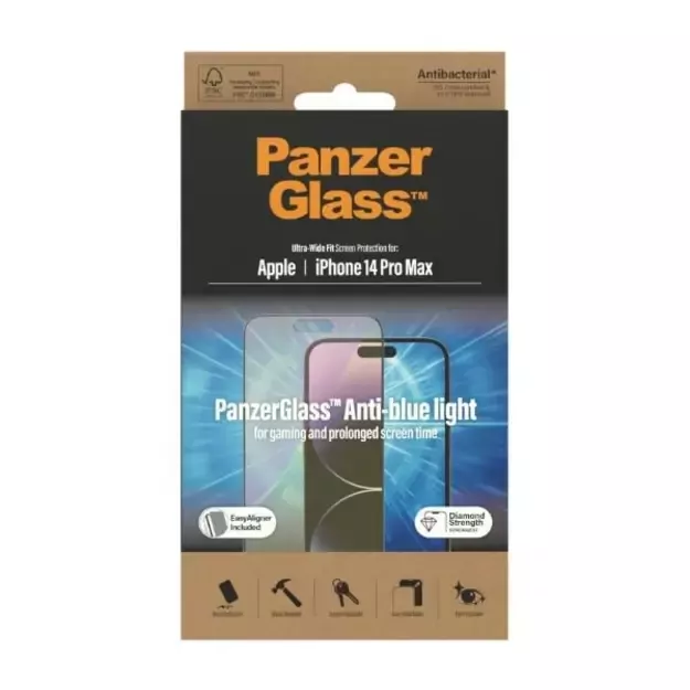 PanzerGlass Ultra-Wide Fit Antibacterial Tempered Glass with Blue Light Filter and Positioner for iPhone 14 Pro Max 8