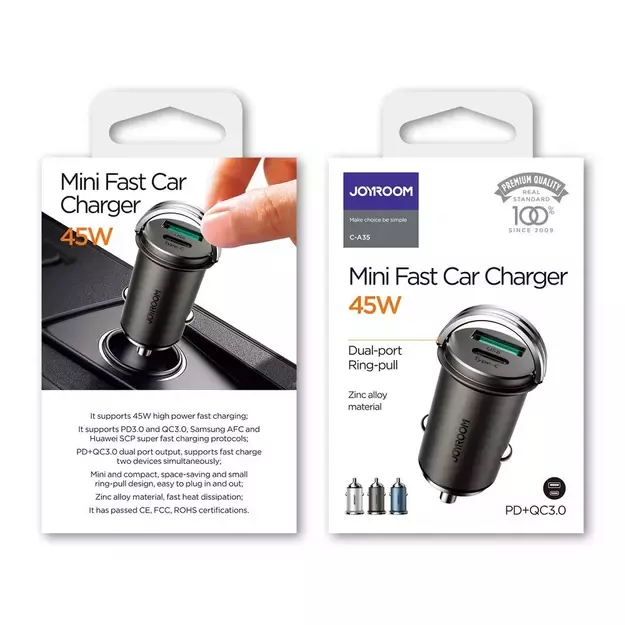 Joyroom fast car charger USB Type C / USB 45 W 5 A Power Delivery Quick Charge 3.0 AFC SCP gray (C-A35) 4