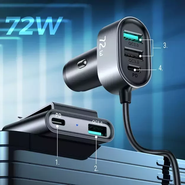Joyroom car charger 2xPD + 2xQC3.0 72W 1.5m black (JR-CL05) 3