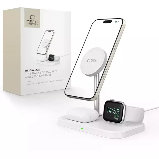 Tech-Protect QI15W-A22 MagSafe inductive charger with 3in1 MagSafe stand for smartphone / Apple Watch / AirPods - white