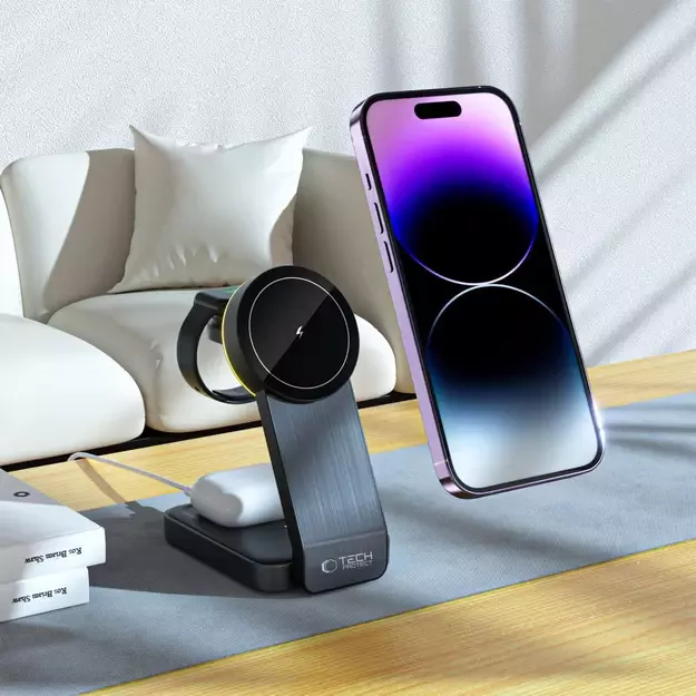 Tech-Protect QI15W-A28 MagSafe 3in1 Inductive Charger with Smartphone / Apple Watch / AirPods Stand - Black 3
