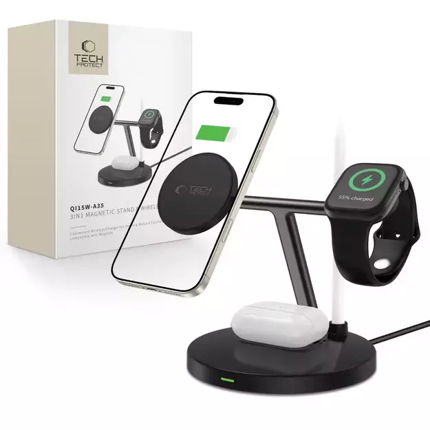 Tech-Protect QI15W-A35 3-in-1 Inductive Charger with MagSafe for Phone / AirPods / Apple Watch - Black
