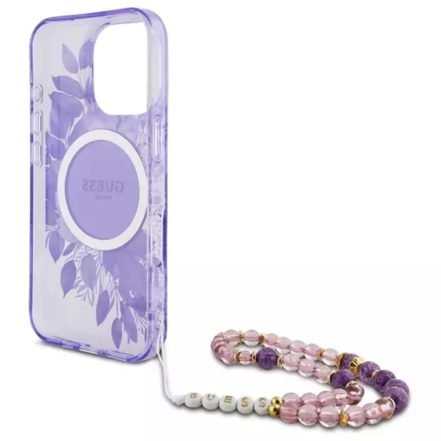Guess IML Flowers With Pearl Strap MagSafe case for iPhone 16 Pro Max - purple 5