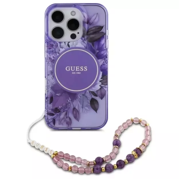 Guess IML Flowers With Pearl Strap MagSafe case for iPhone 16 Pro Max - purple 1