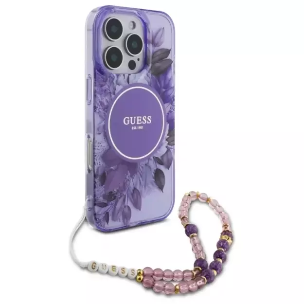 Guess IML Flowers With Pearl Strap MagSafe case for iPhone 16 Pro Max - purple 2