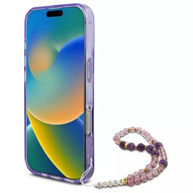 Guess IML Flowers With Pearl Strap MagSafe case for iPhone 16 Pro Max - purple 3