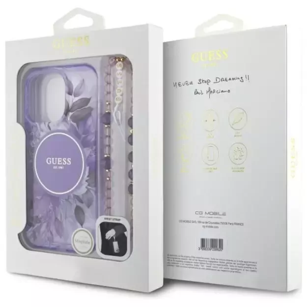 Guess IML Flowers With Pearl Strap MagSafe case for iPhone 16 Pro Max - purple 6