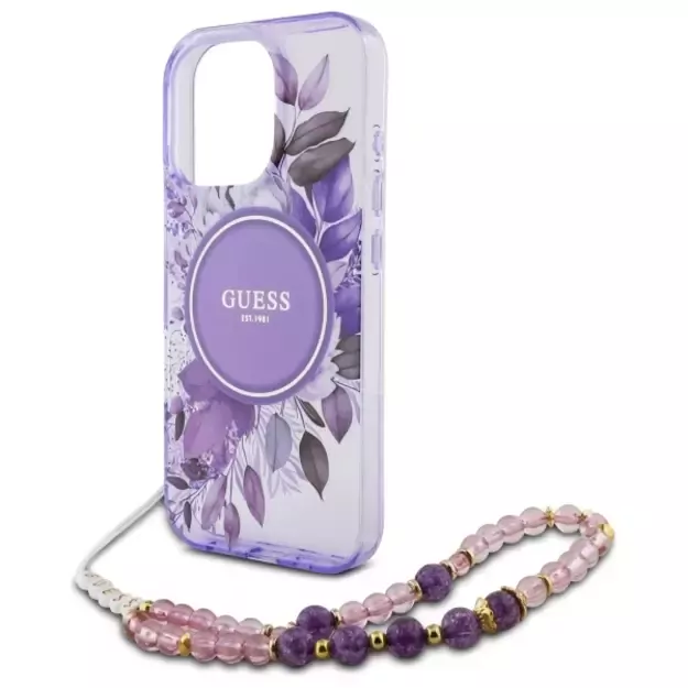 Guess IML Flowers With Pearl Strap MagSafe case for iPhone 16 Pro Max - purple 4