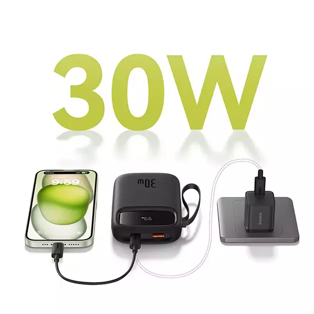 Baseus QPow 2 30W 10000mAh Power Bank with Built-in USB-C Cables - Black 10