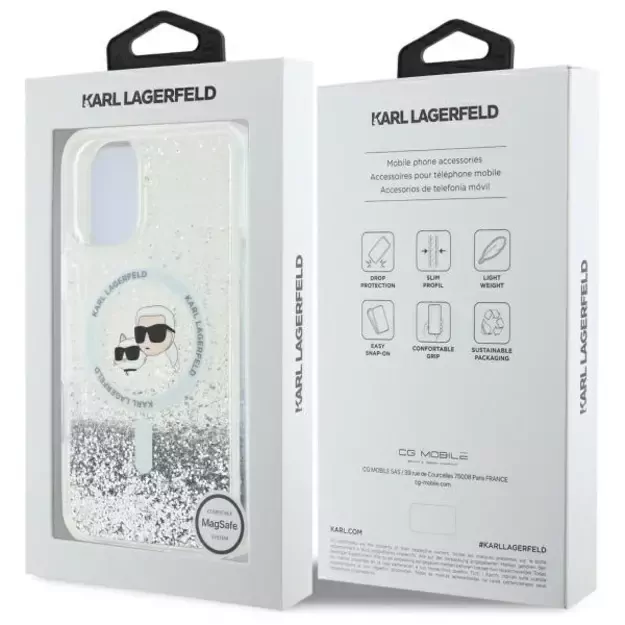 Karl Lagerfeld Liquid Glitter Karl&amp Choupette Head Magsafe iPhone 16 Case - Clear 7