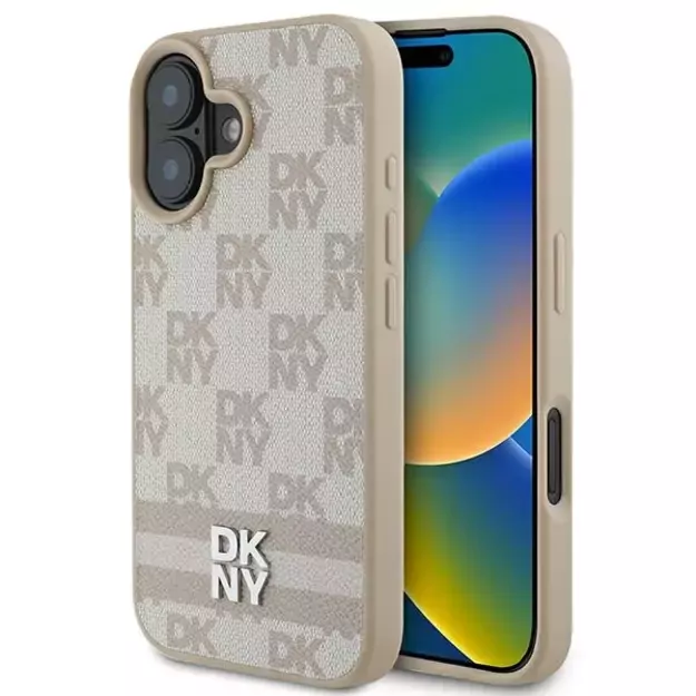 DKNY Checkered Pattern &amp  Printed Stripes iPhone 16 Case - Pink