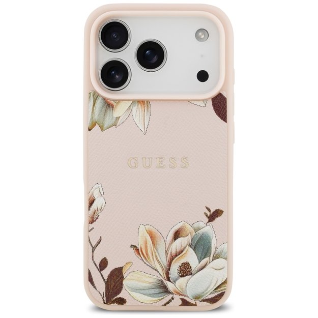 Guess Grained Flowers Classic Logo MagSafe case for iPhone 17 Pro Max - pink 2