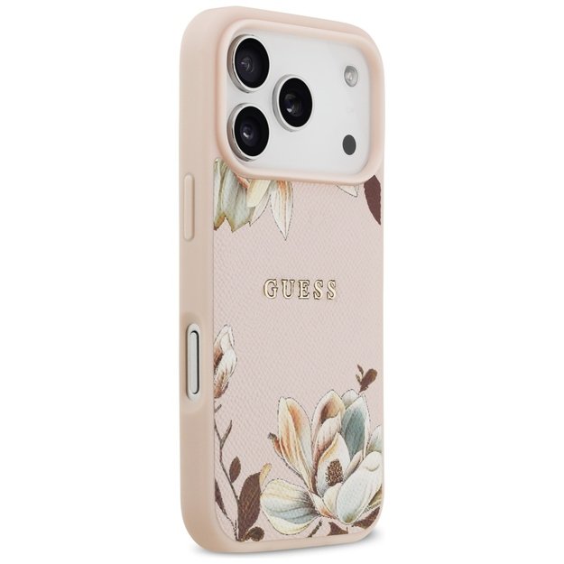 Guess Grained Flowers Classic Logo MagSafe case for iPhone 17 Pro Max - pink 3