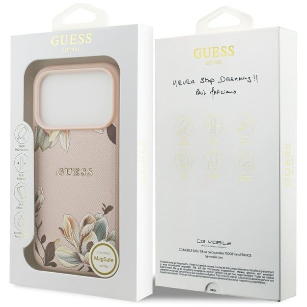 Guess Grained Flowers Classic Logo MagSafe case for iPhone 17 Pro Max - pink 7