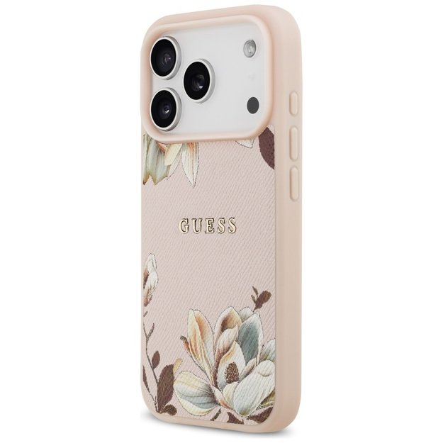 Guess Grained Flowers Classic Logo MagSafe case for iPhone 17 Pro Max - pink 1