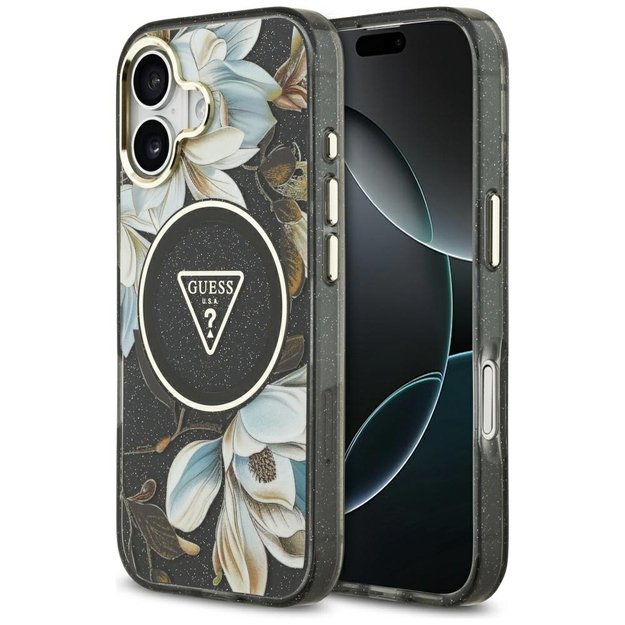 Guess IML Glitter Flowers Triangle MagSafe case for iPhone 17 - black