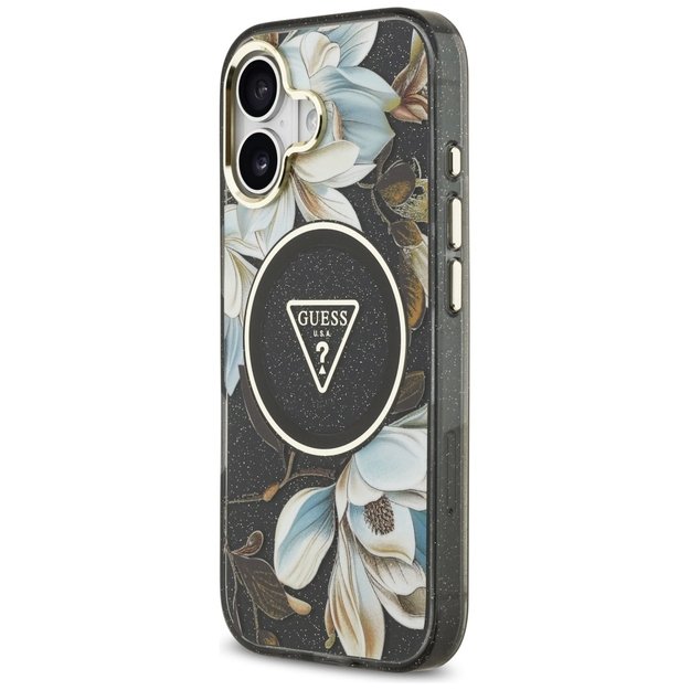 Guess IML Glitter Flowers Triangle MagSafe case for iPhone 17 - black 1