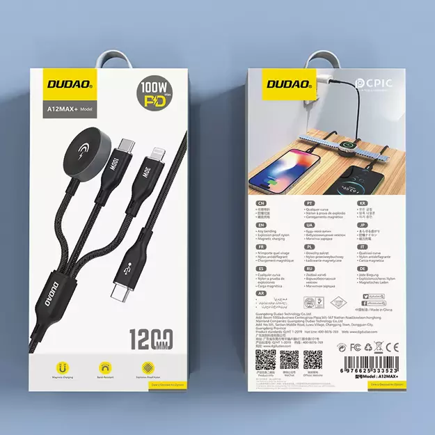 Apple Watch Dudao A12Max+ PD 100W 3in1 Charger Cable: USB-C Lightning 1.2m - Black 1