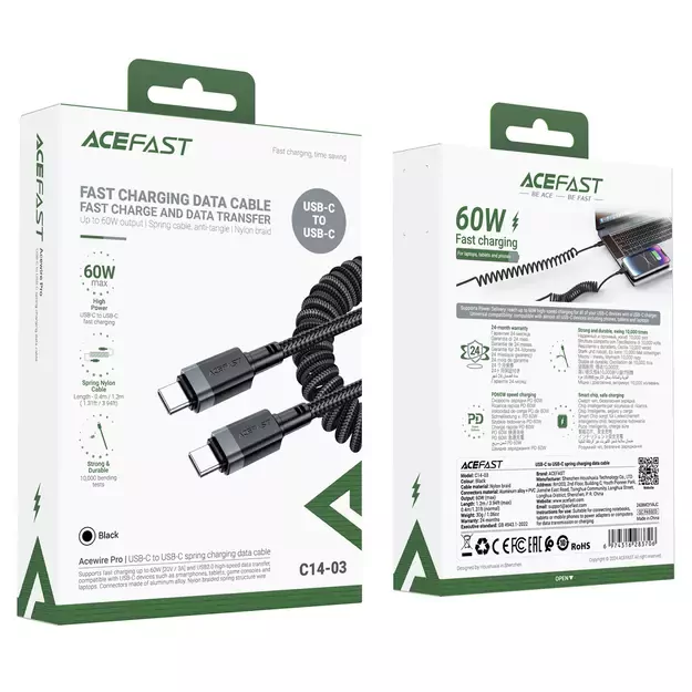 Acefast C14-03 USB-C - USB-C Spring Cable 480Mb/s 3A 1.2m - Black 10