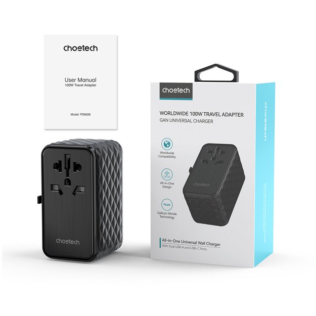 Choetech PD6028 EU / US / AUS / UK travel adapter 2x USB-C 2x USB-A 100W - black 2