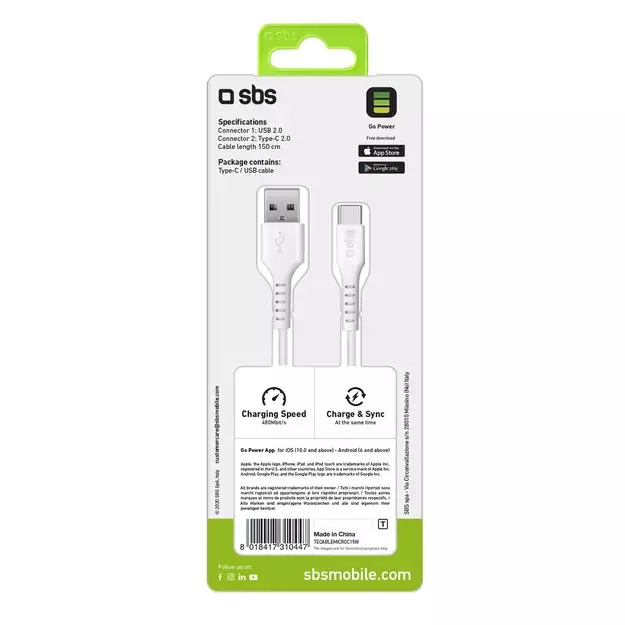 SBS TECABLEMICROC15W USB-A - USB-C Cable 1.5m - White 1