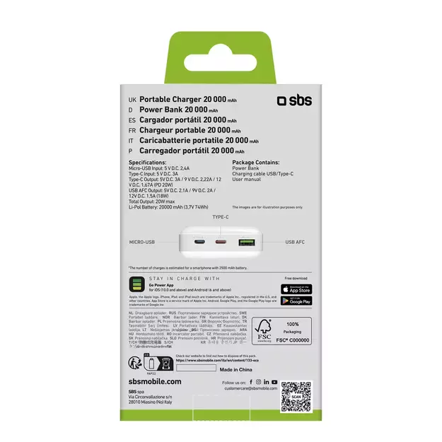 Powerbank SBS TTBB20000PD20W 20000 mAh 20W Power Delivery with MicroUSB, USB-C, USB-A - white 9
