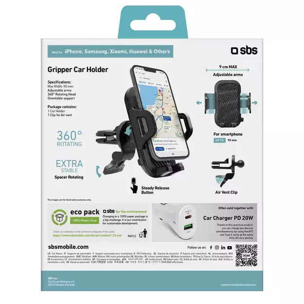 SBS TEHWSUPCLIPSTG smartphone holder for air vent, with reinforced jaws - black 8