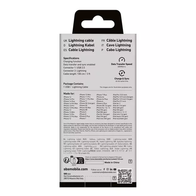 SBS TECABLEUSBIP589W USB-A - Lightning Cable - White 7