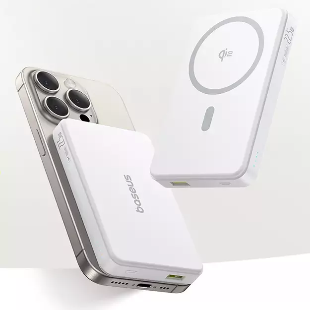 Baseus Airpow II 10000mAh Qi2 Power Bank with MagSafe 22.5W with Baseus Simple Series USB-C Cable - USB-C 20V/3A (30cm) - White 1