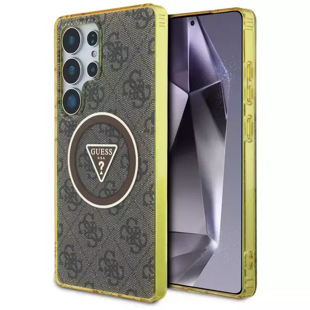 Guess 4G Glitter Triangle Buttons MagSafe Case for Samsung Galaxy S25 Ultra Brown