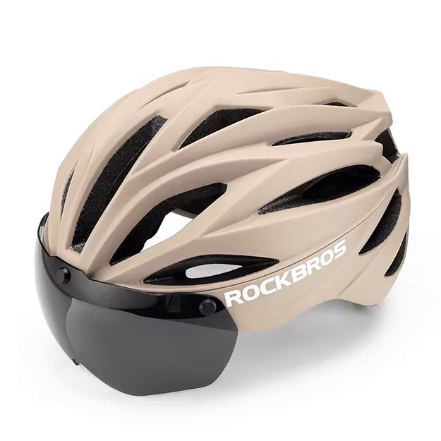 Rockbros Bike Helmet with Visor, Detachable UV Protective Goggles, Unisex - Brown