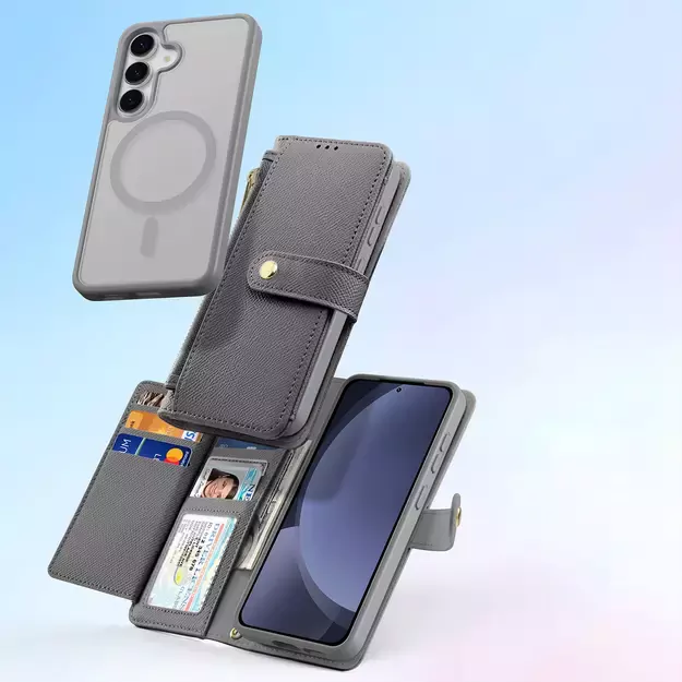 Dux Ducis Lawa Leather Case for Samsung Galaxy S25 with Detachable Magnetic Wallet - Gray 21