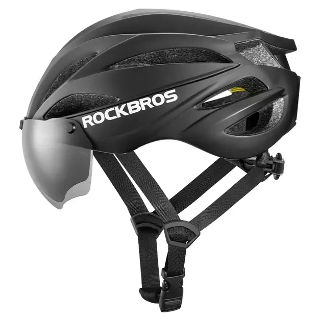 Rockbros Bike Helmet with Visor, Detachable UV Protective Goggles, Unisex - Black 1