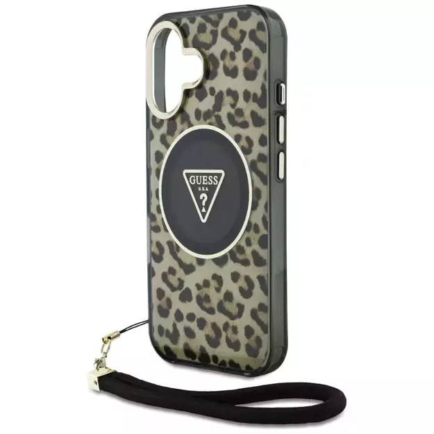 Guess HC IML Leopard Triangle Cord Strap MagSafe iPhone 16 Case - Brown 10