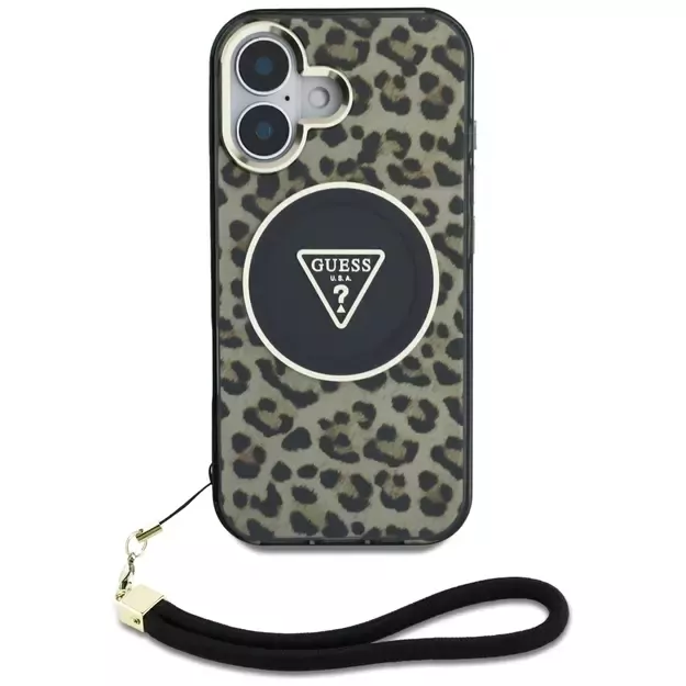 Guess HC IML Leopard Triangle Cord Strap MagSafe iPhone 16 Case - Brown 4
