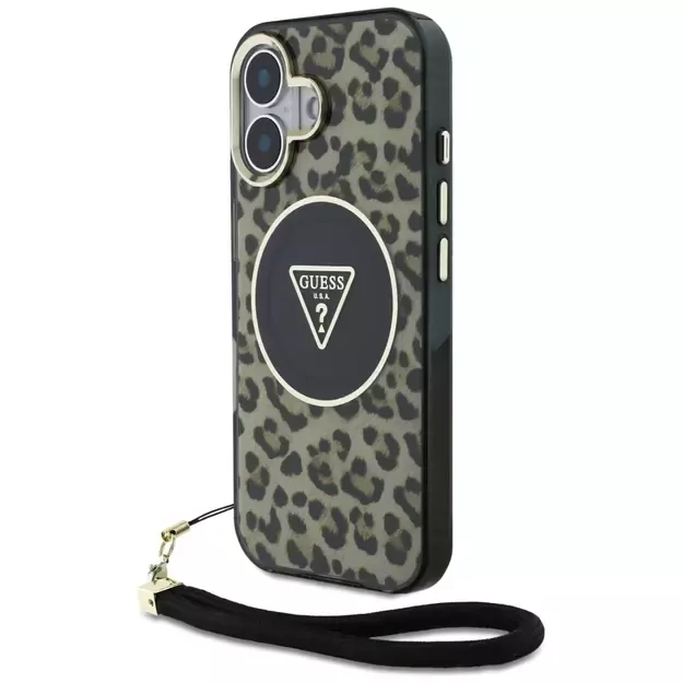 Guess HC IML Leopard Triangle Cord Strap MagSafe iPhone 16 Case - Brown