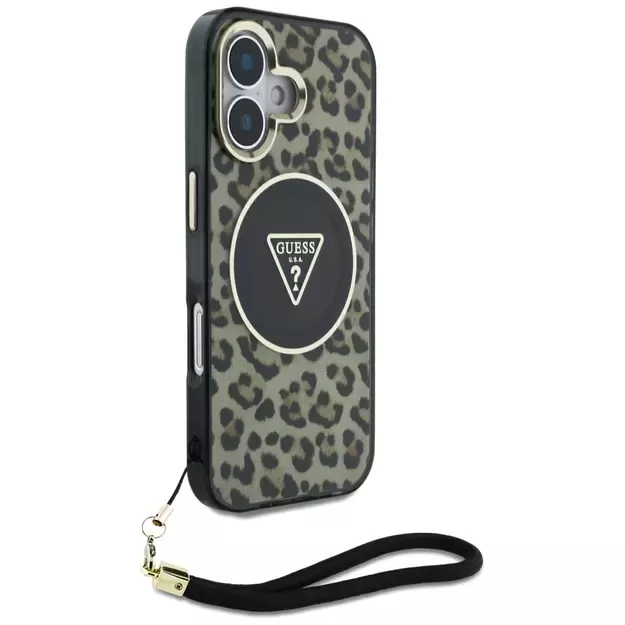 Guess HC IML Leopard Triangle Cord Strap MagSafe iPhone 16 Case - Brown 6