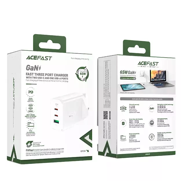 Acefast charger GaN 65W 3 ports (1xUSB, 2xUSB C PD) UK plug white (A44) 5